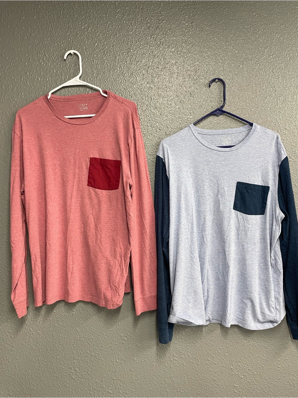 Mens J Crew Long-Sleeve Pocket Tee - Pink with Red Pocket and blue pocket